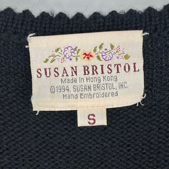 Vintage 80s SUSAN BRISTOL Sweater Vest Women's Small Black Red Floral Wool 90s - Picture 3 of 12